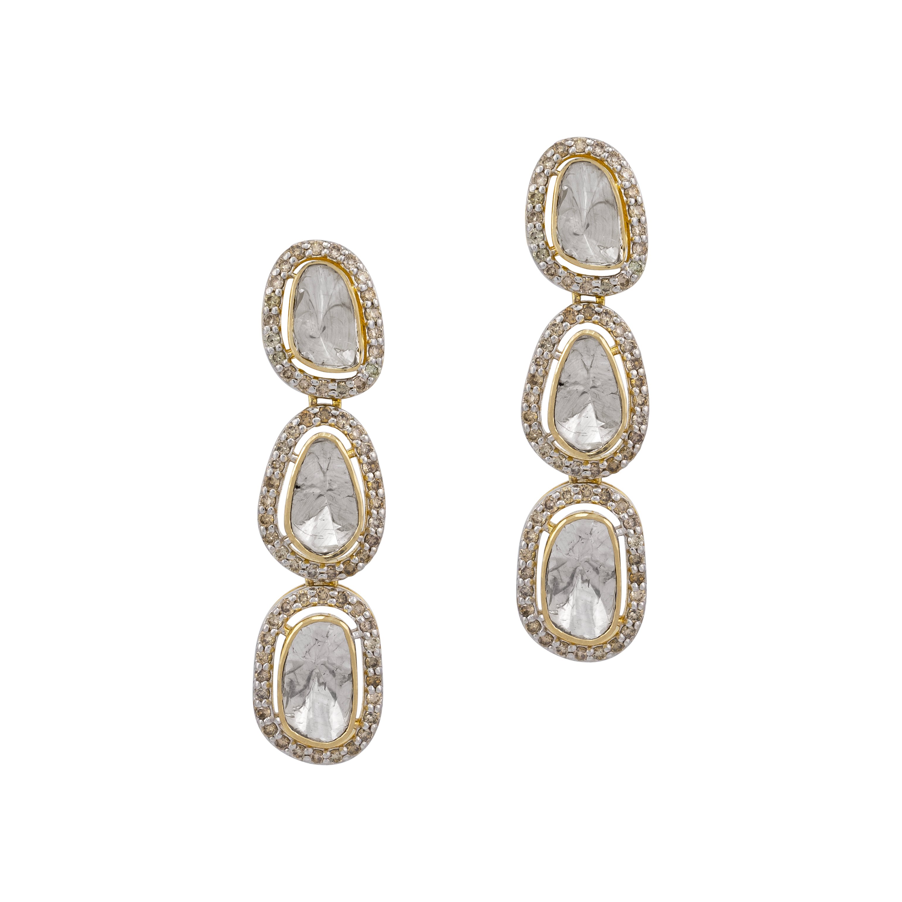 Tri-Tier Polki Earring with Full-Cut Diamond Halo Borders